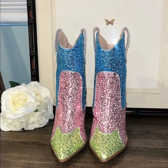 Cape Robbin Cowboy Western Ankle Heeled Boots Pointy Toe Sequin Slip-On NWOB 7.5 - Picture 4 of 13